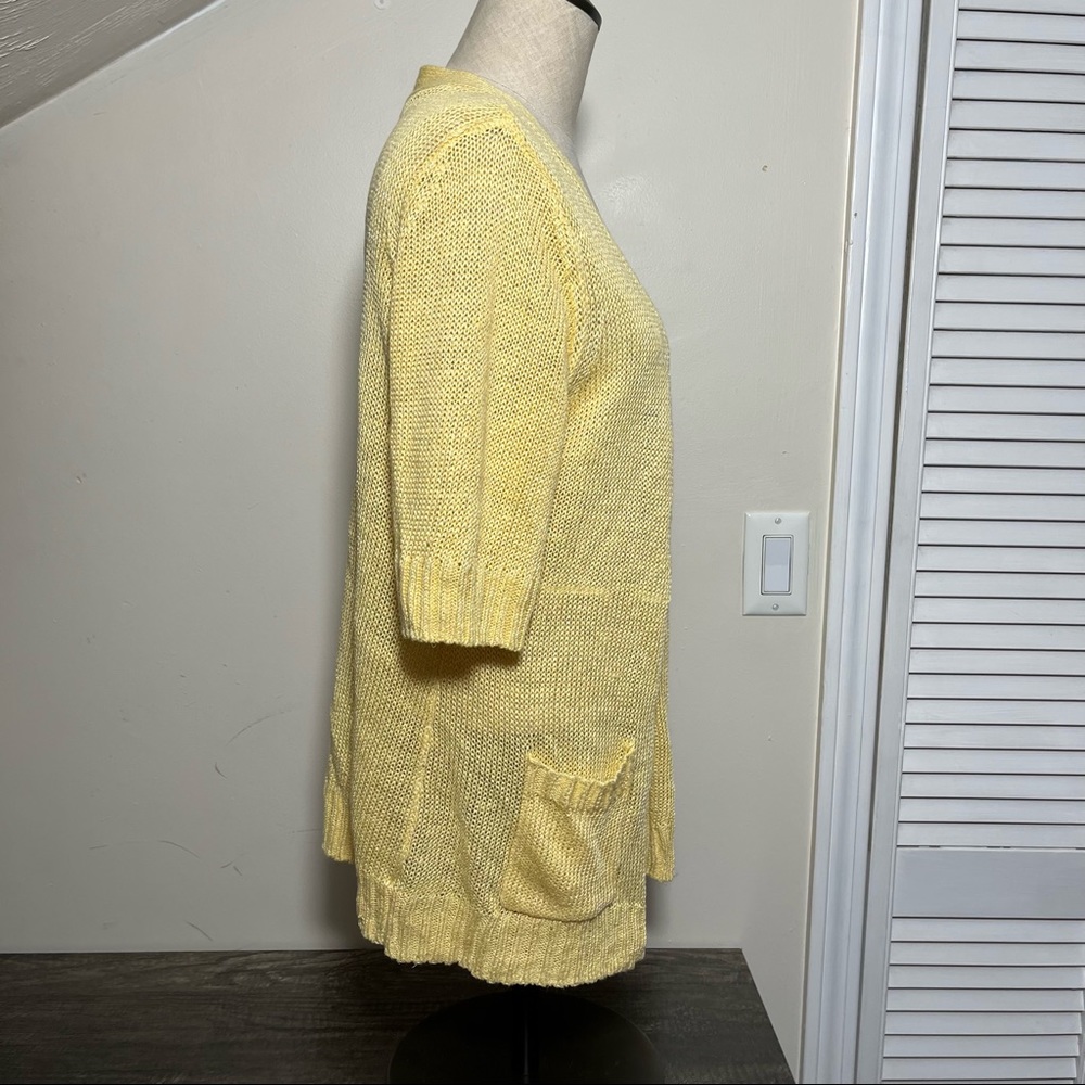 Chico’s Loose Knit Yellow Short Sleeve Cardigan, Size 1 - Picture 2 of 11